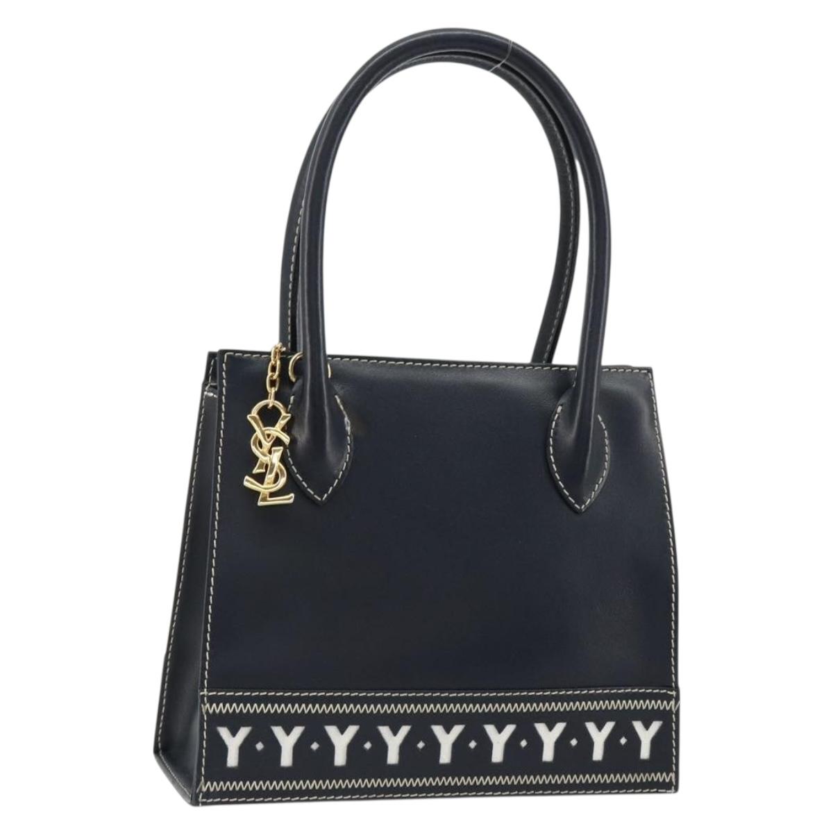 SAINT LAURENT Hand Bag Leather 2way Navy Gold Auth yk20450A