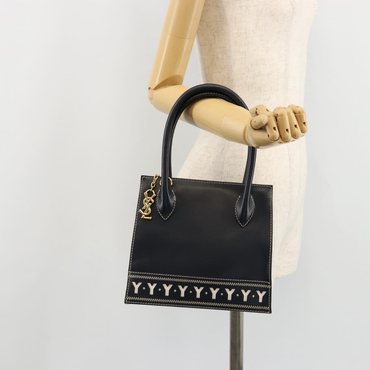 SAINT LAURENT Hand Bag Leather 2way Navy Gold Auth yk20450A
