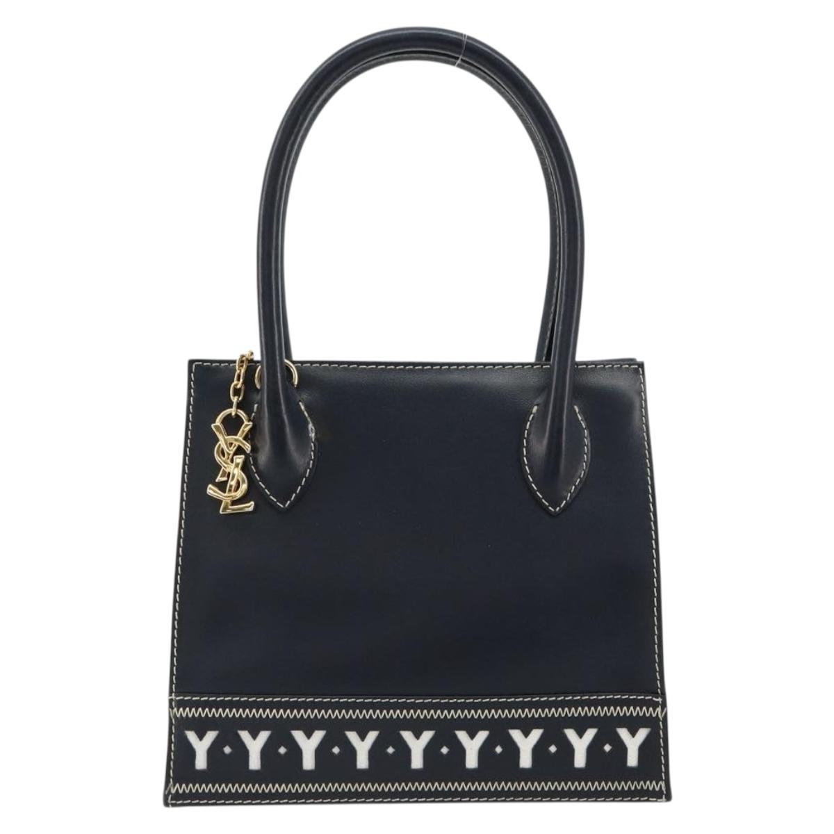 SAINT LAURENT Hand Bag Leather 2way Navy Gold Auth yk20450A