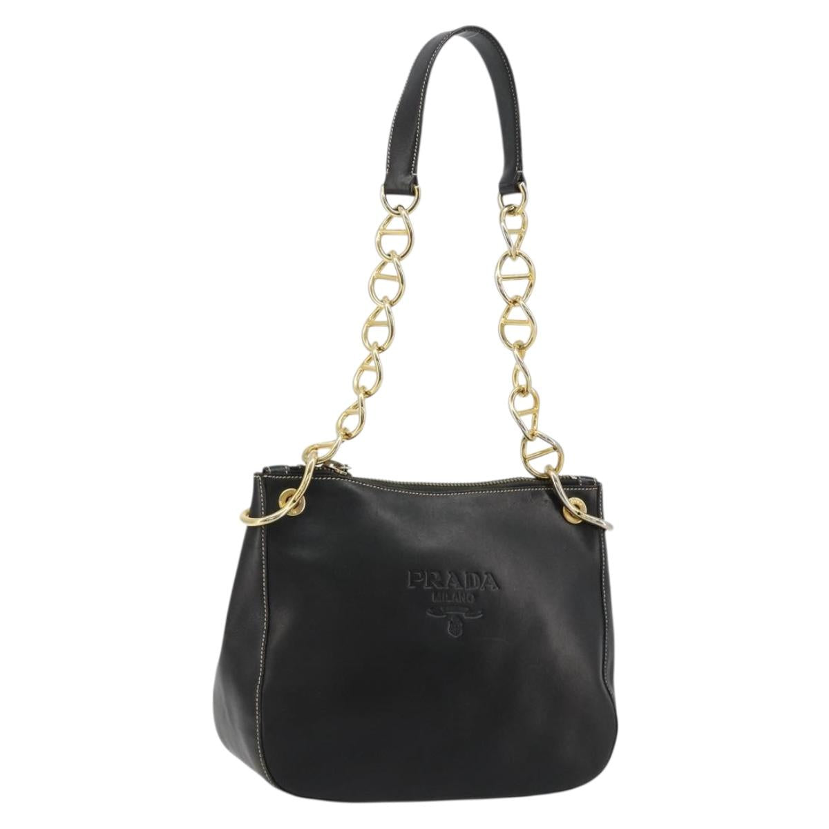 PRADA Chain Shoulder Bag Leather Black Gold Auth yk20455A