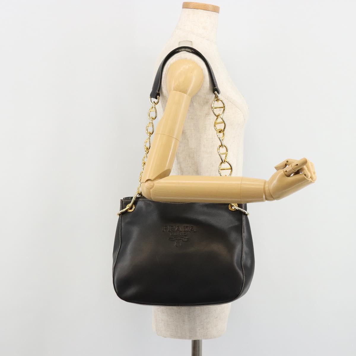 PRADA Chain Shoulder Bag Leather Black Gold Auth yk20455A
