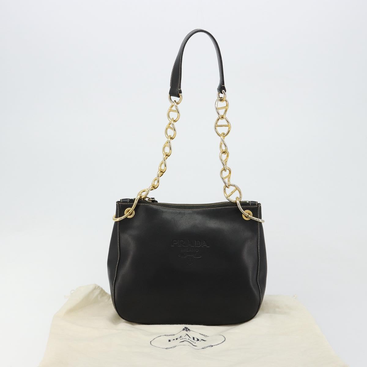 PRADA Chain Shoulder Bag Leather Black Gold Auth yk20455A