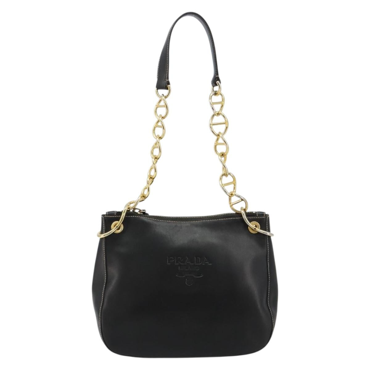 PRADA Chain Shoulder Bag Leather Black Gold Auth yk20455A