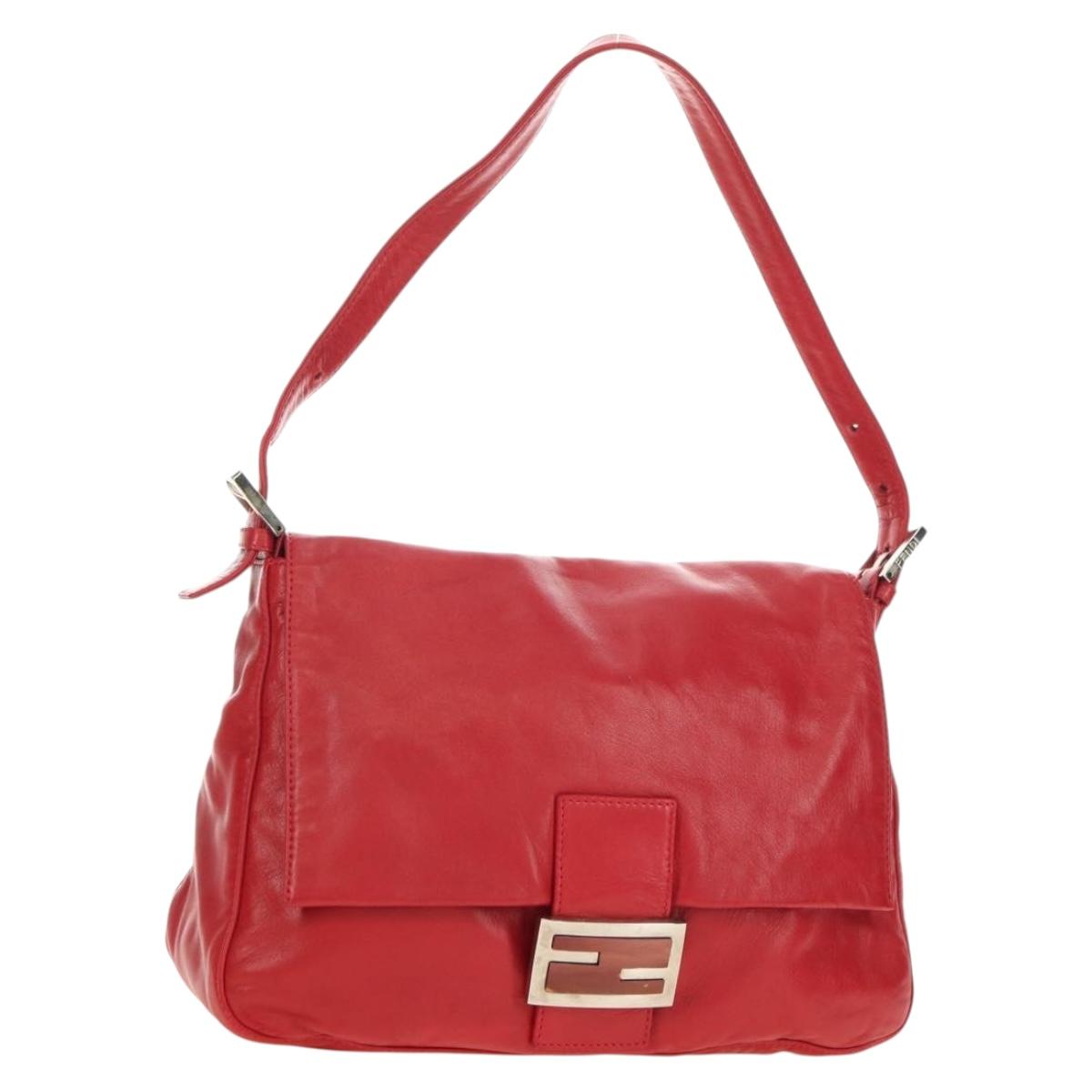 FENDI Mamma Baguette Shoulder Bag Leather Red Silver Auth yk20460SAM
