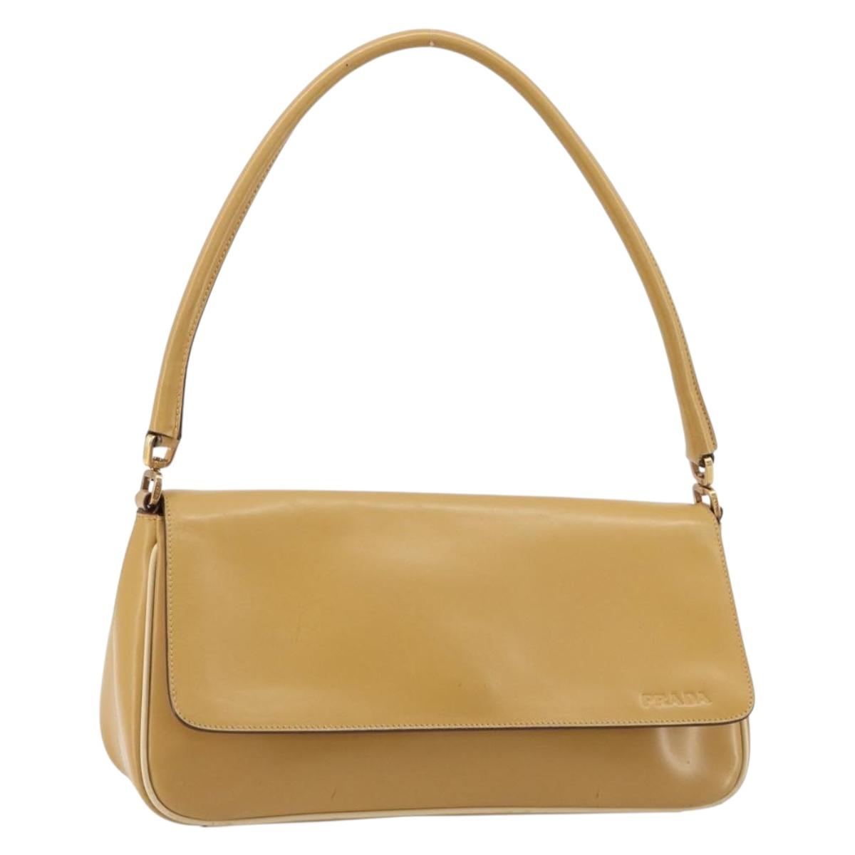 PRADA Shoulder Bag Leather Beige Gold Auth yk20464