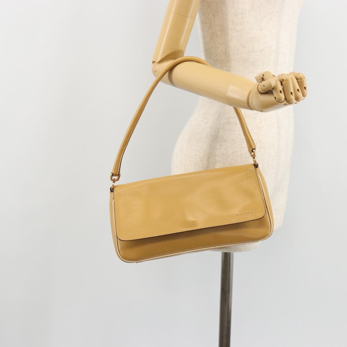 PRADA Shoulder Bag Leather Beige Gold Auth yk20464
