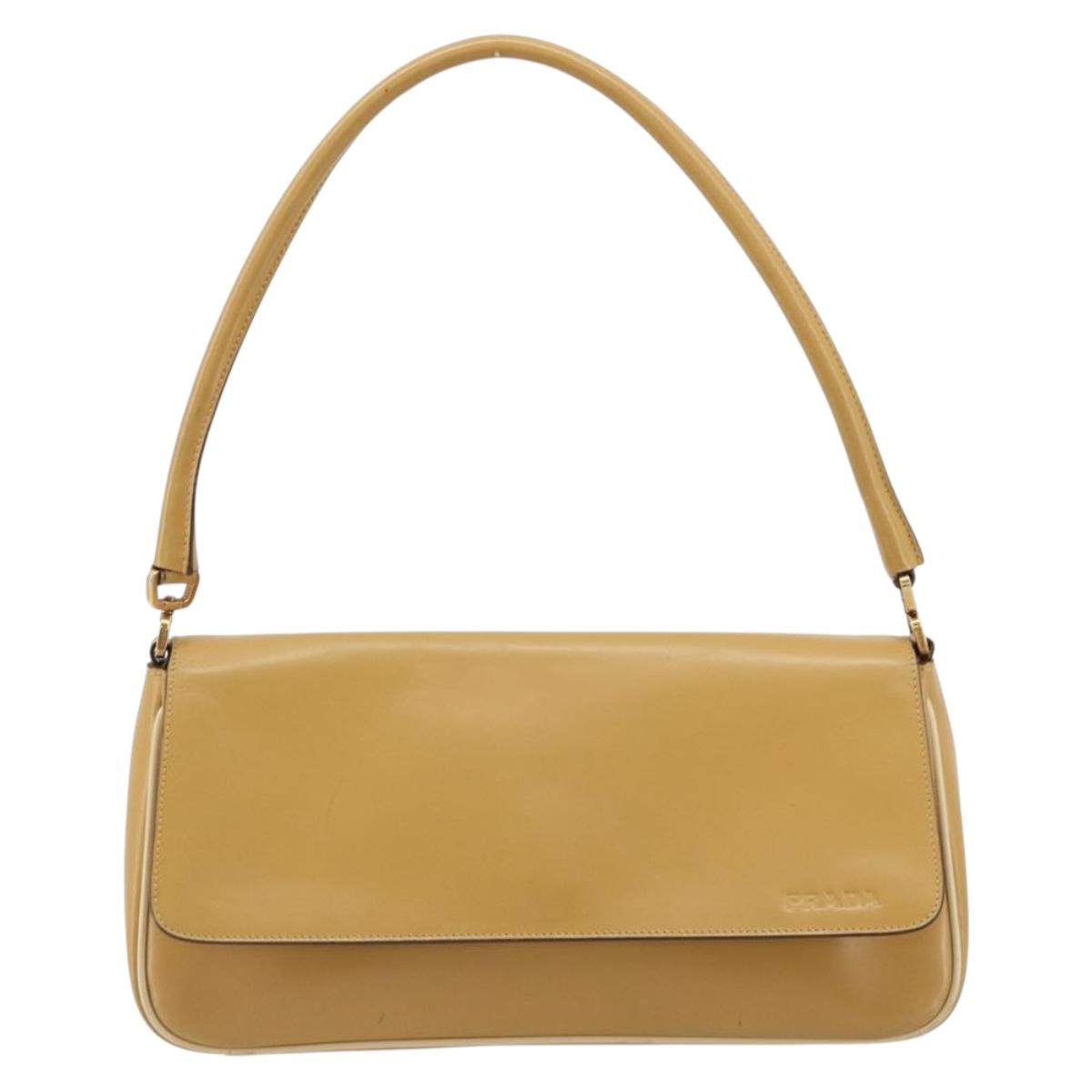 PRADA Shoulder Bag Leather Beige Gold Auth yk20464