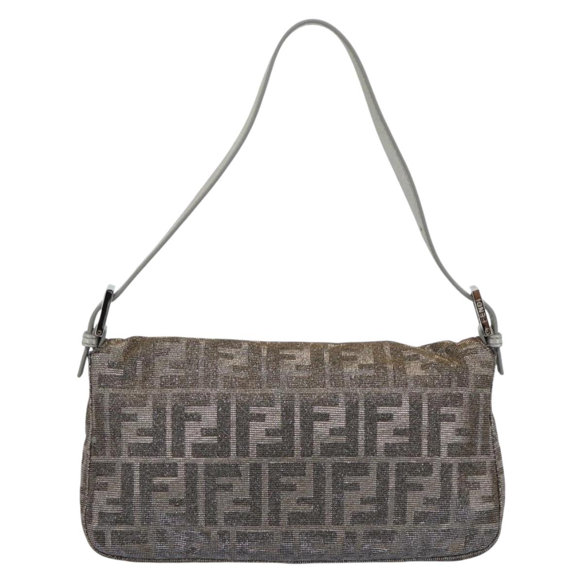 FENDI Zucca Canvas Rhinestone Mamma Baguette Shoulder Bag Silver Auth yk20474SM