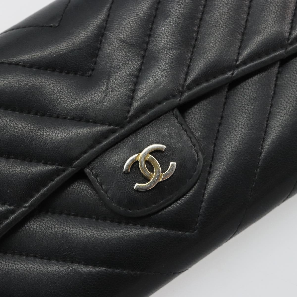 CHANEL V Stitch Long Wallet Lamb Skin Black Gold CC Auth yk20483