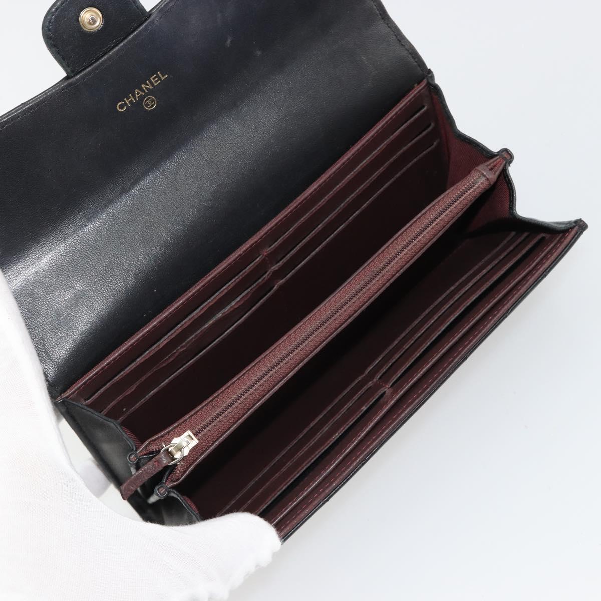 CHANEL V Stitch Long Wallet Lamb Skin Black Gold CC Auth yk20483
