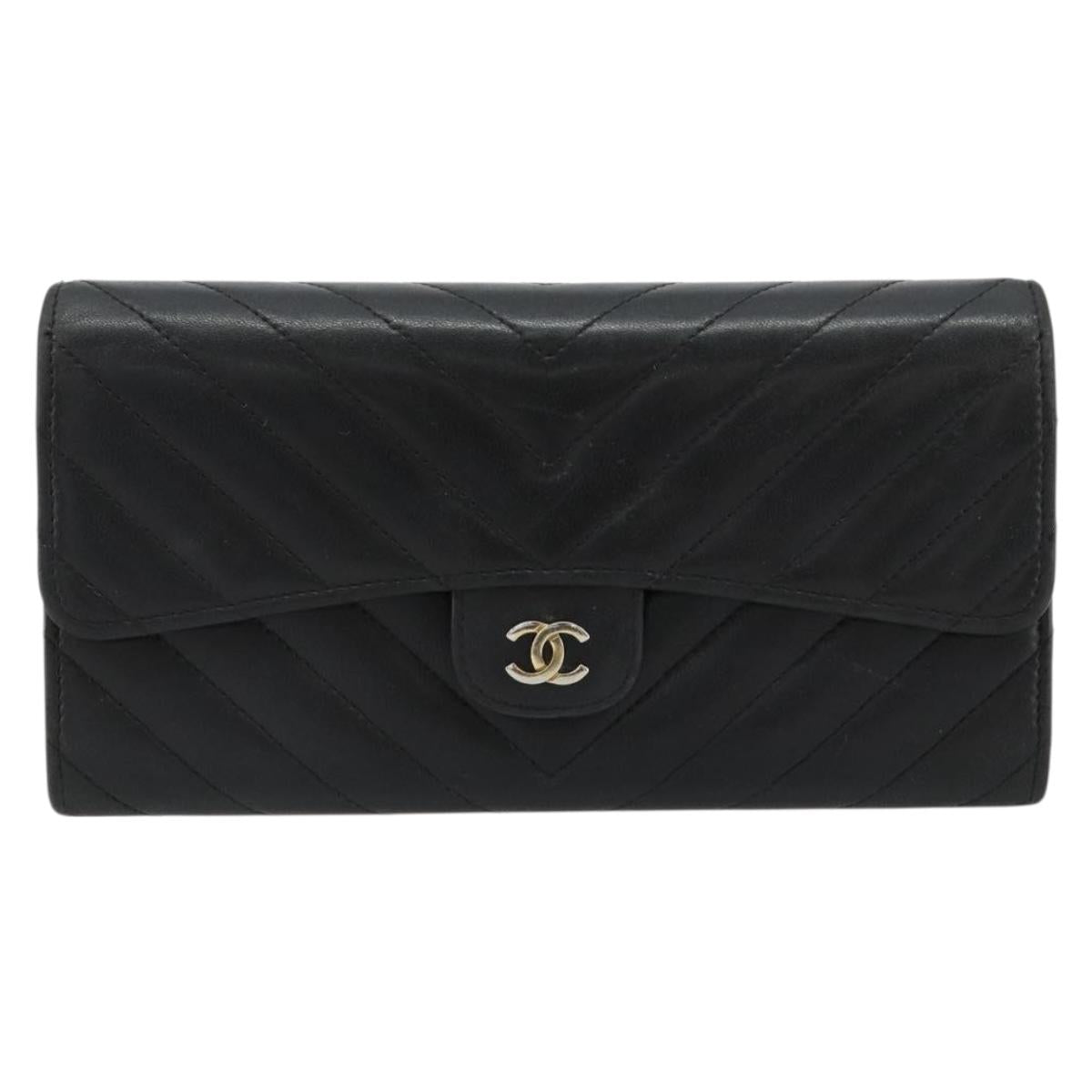CHANEL V Stitch Long Wallet Lamb Skin Black Gold CC Auth yk20483