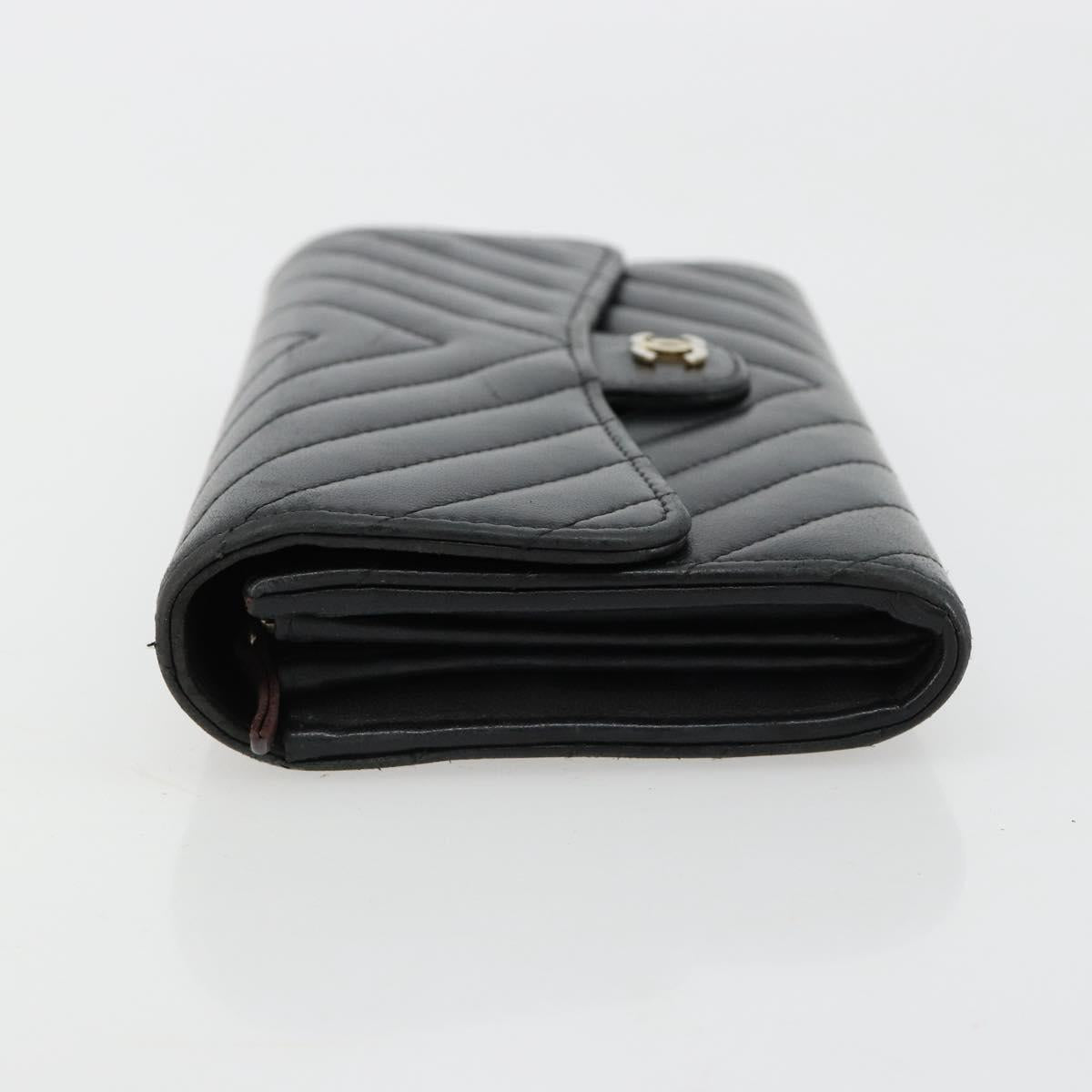 CHANEL V Stitch Long Wallet Lamb Skin Black Gold CC Auth yk20483