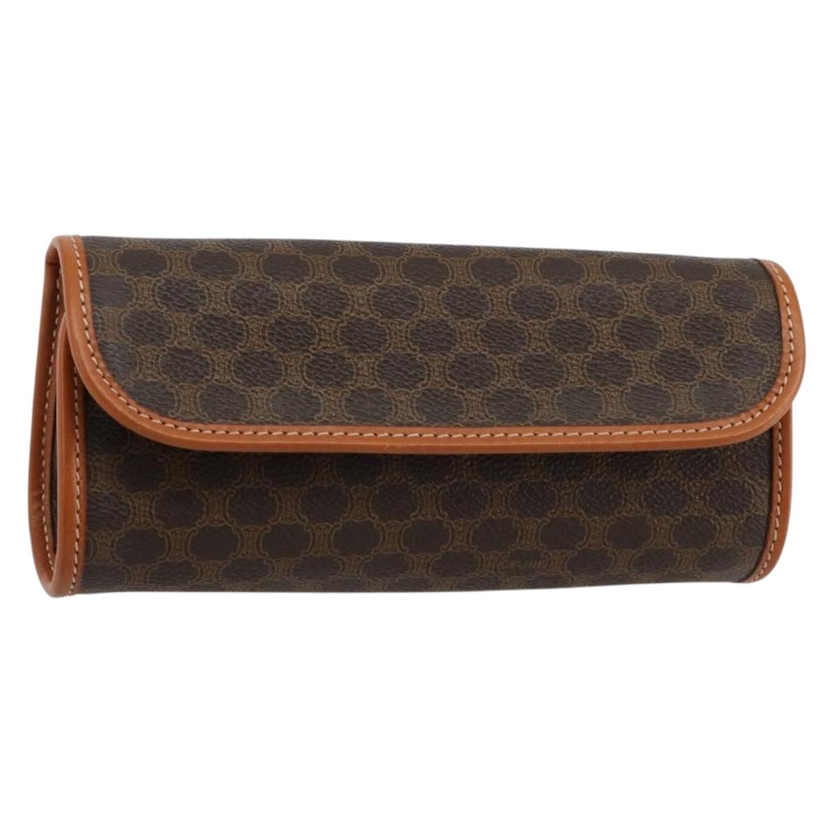 CELINE Macadam Canvas Pouch PVC Leather Black Gold Auth yk20484