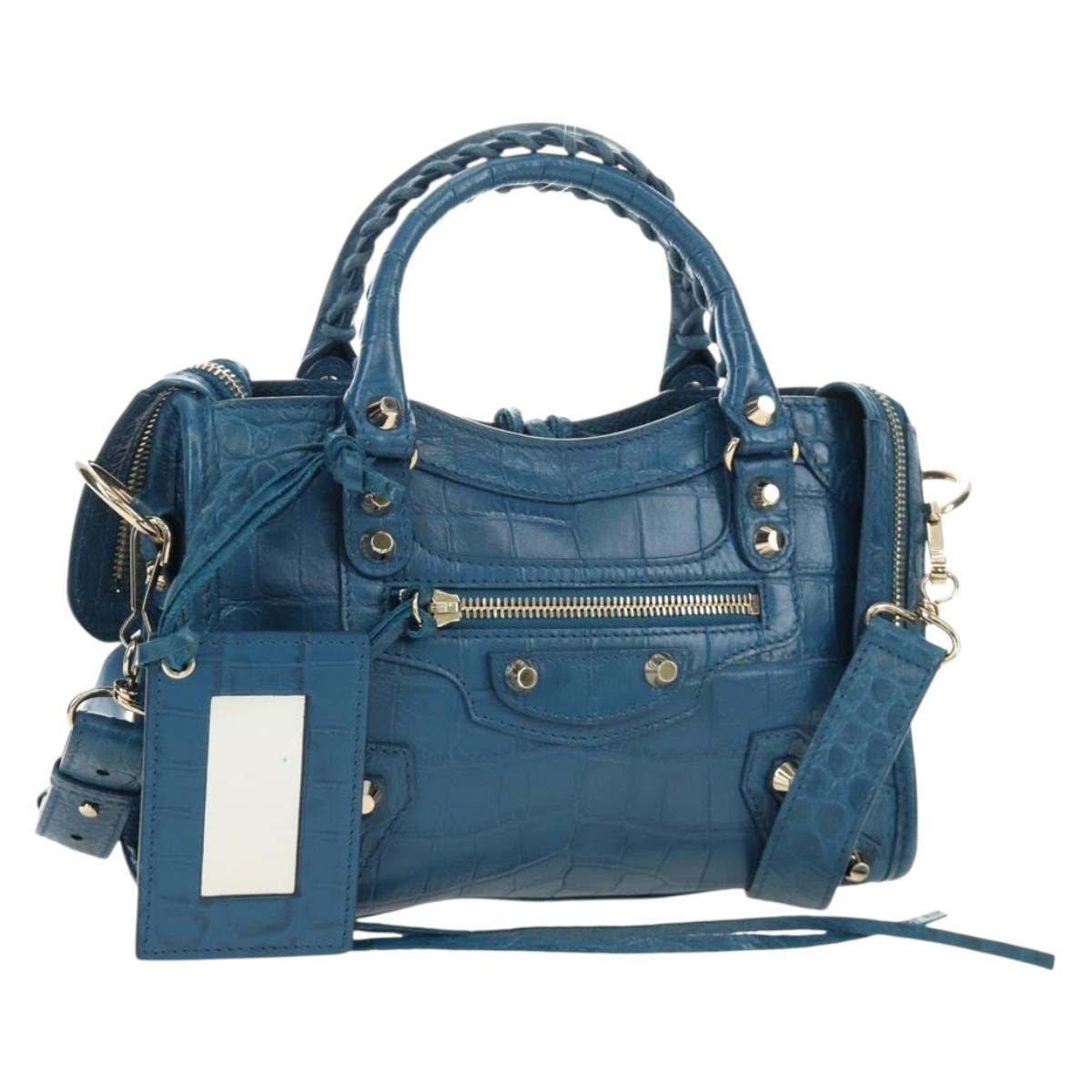 BALENCIAGA Classic Mini City Bag Embossed leather Blue 300295 Auth yk20503SAM