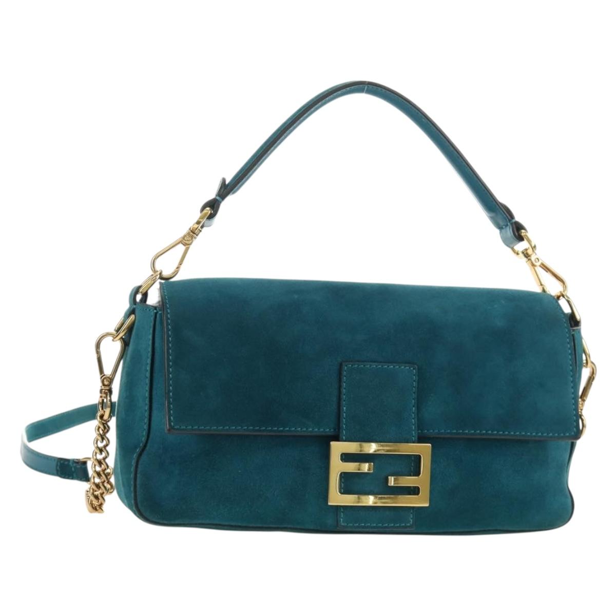 FENDI Mamma Baguette Hand Bag Suede 2way Blue Gold Auth yk20507SAM