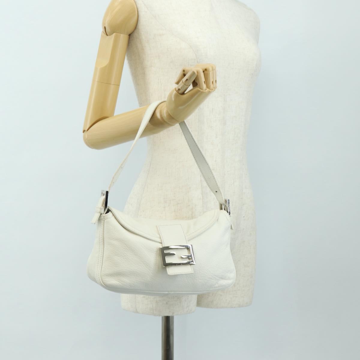 FENDI Mamma Baguette Shoulder Bag Leather White Silver Auth yk20508SAM
