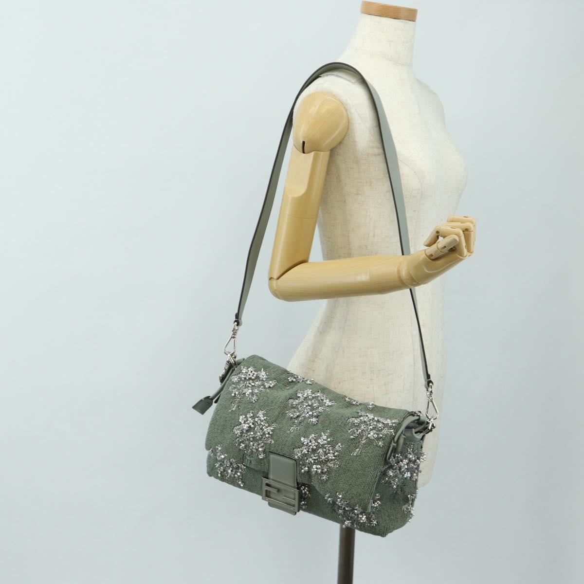 FENDI Mamma Baguette Shoulder Bag Beads 2way Green Silver Auth yk20510SM