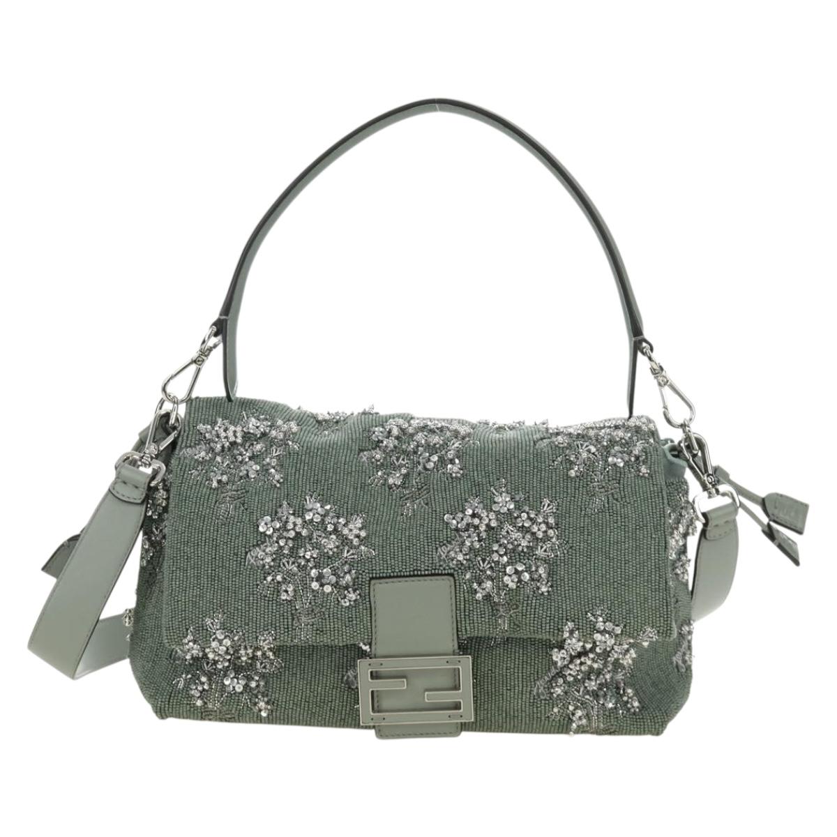 FENDI Mamma Baguette Shoulder Bag Beads 2way Green Silver Auth yk20510SM