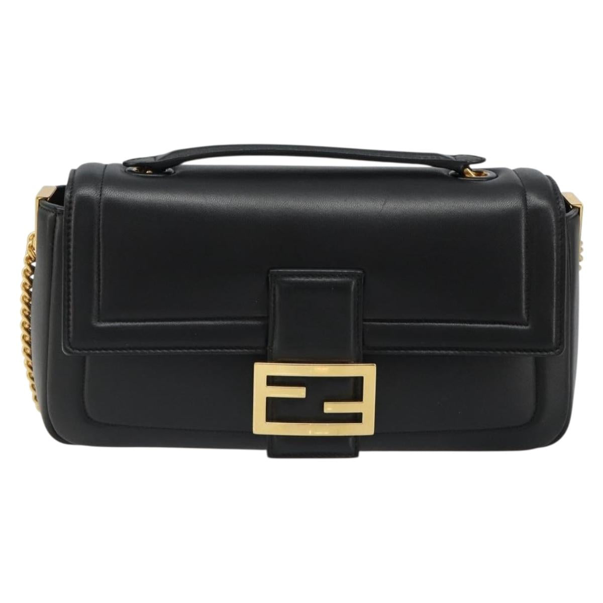 FENDI baguette Chain Shoulder Bag Leather Black Gold Auth yk20513SAV