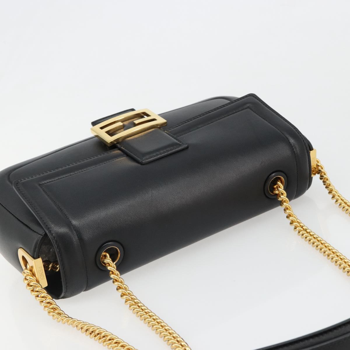 FENDI baguette Chain Shoulder Bag Leather Black Gold Auth yk20513SAV