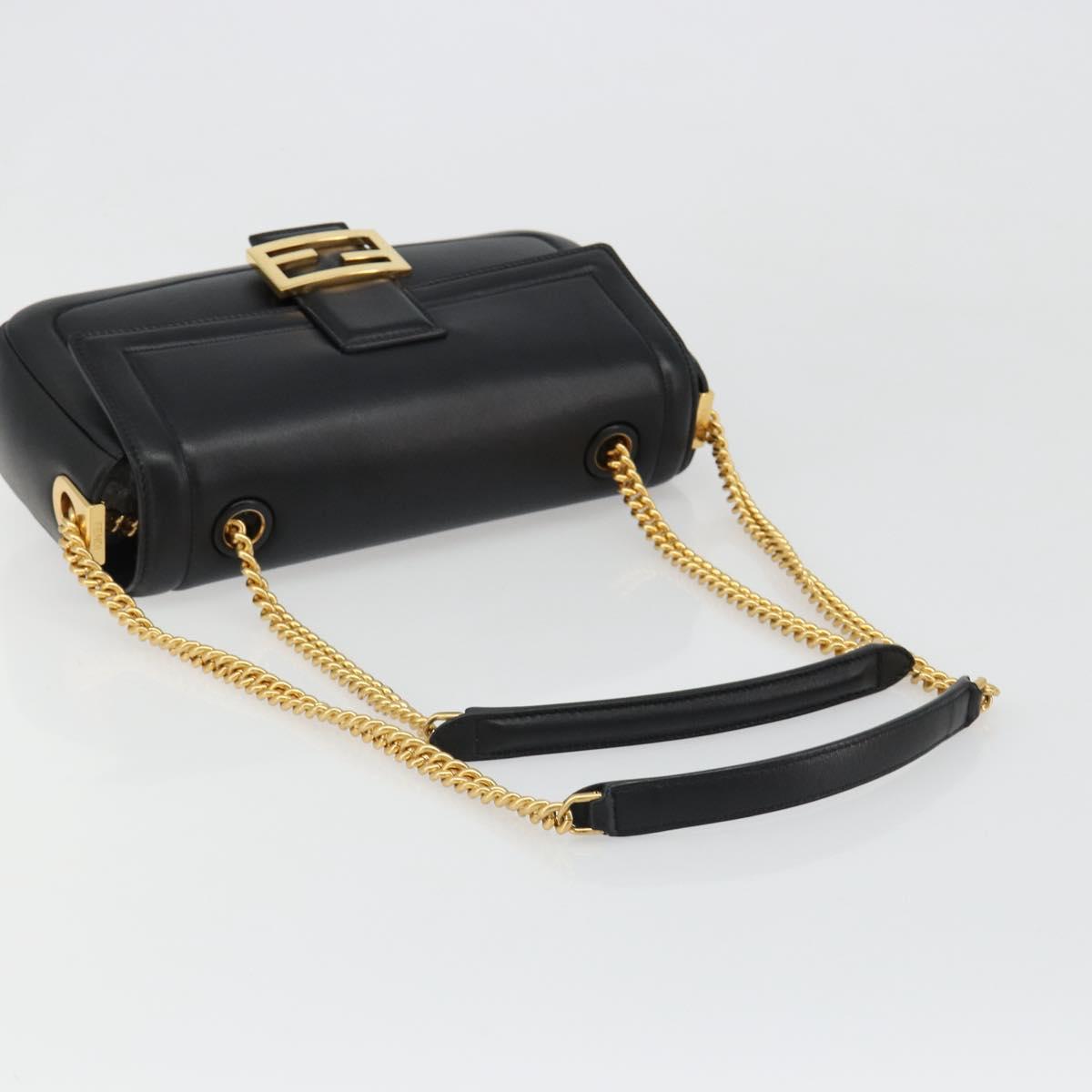 FENDI baguette Chain Shoulder Bag Leather Black Gold Auth yk20513SAV