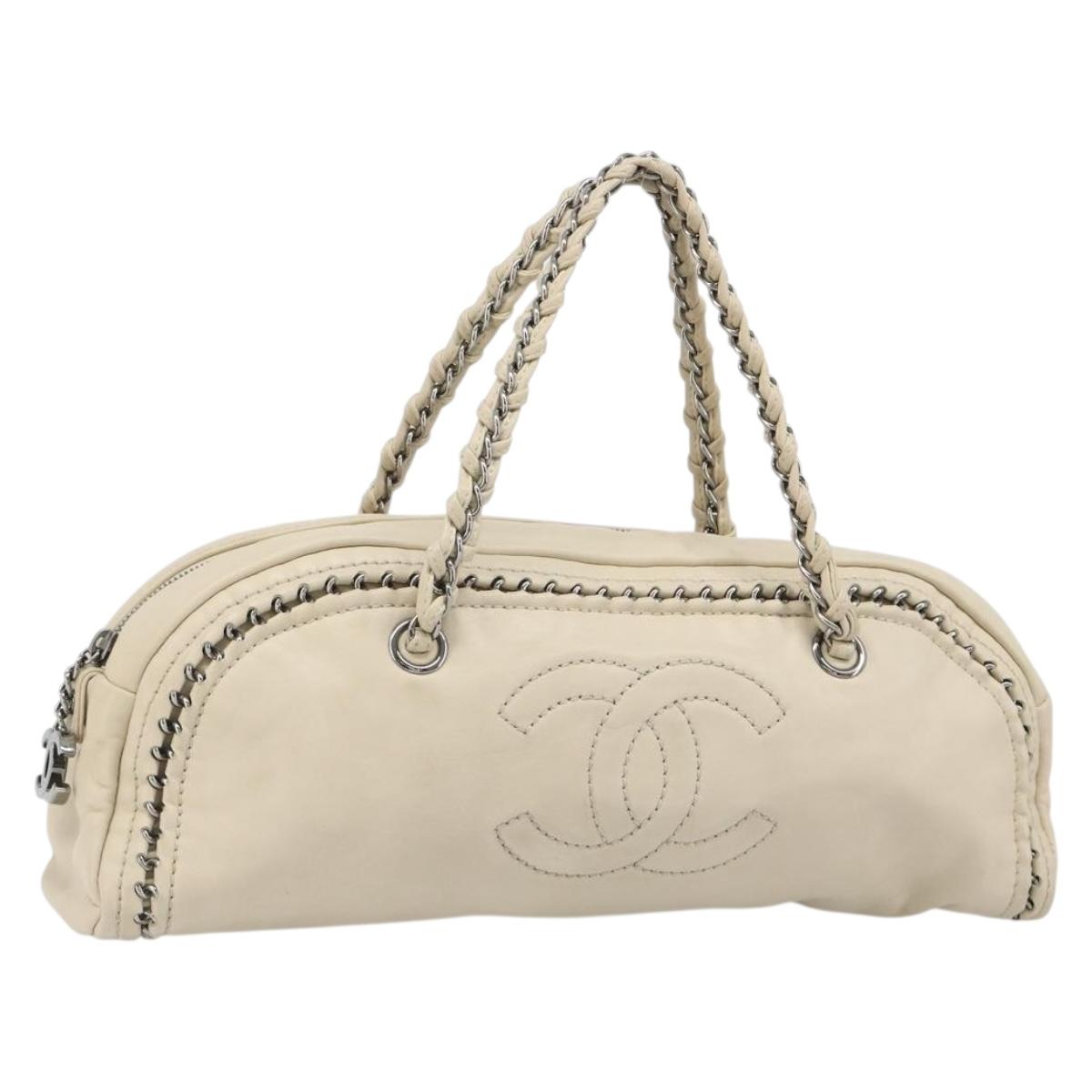 CHANEL Luxury Line Hand Bag Leather Cream Silver CC Auth yk20530SAV