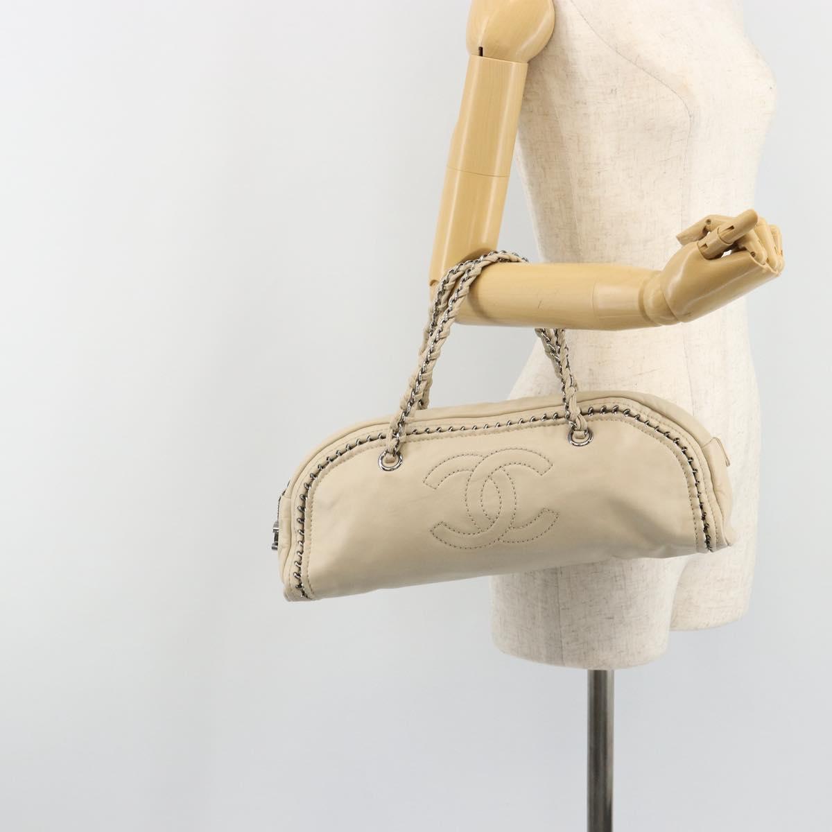 CHANEL Luxury Line Hand Bag Leather Cream Silver CC Auth yk20530SAV