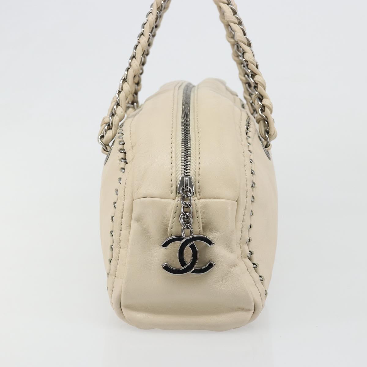 CHANEL Luxury Line Hand Bag Leather Cream Silver CC Auth yk20530SAV