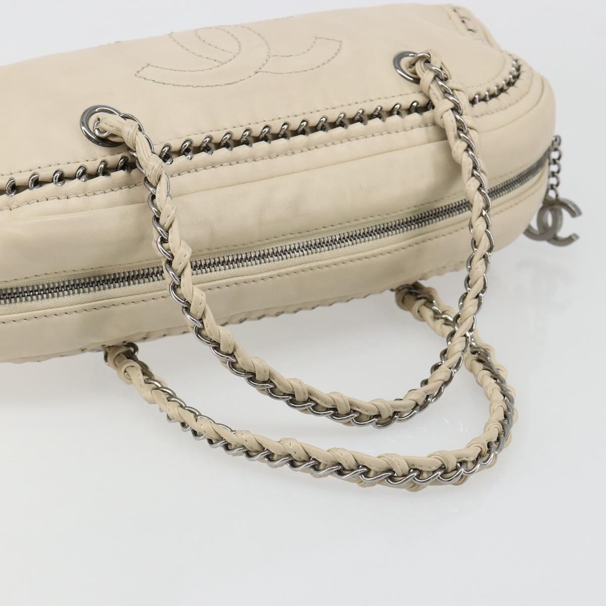 CHANEL Luxury Line Hand Bag Leather Cream Silver CC Auth yk20530SAV