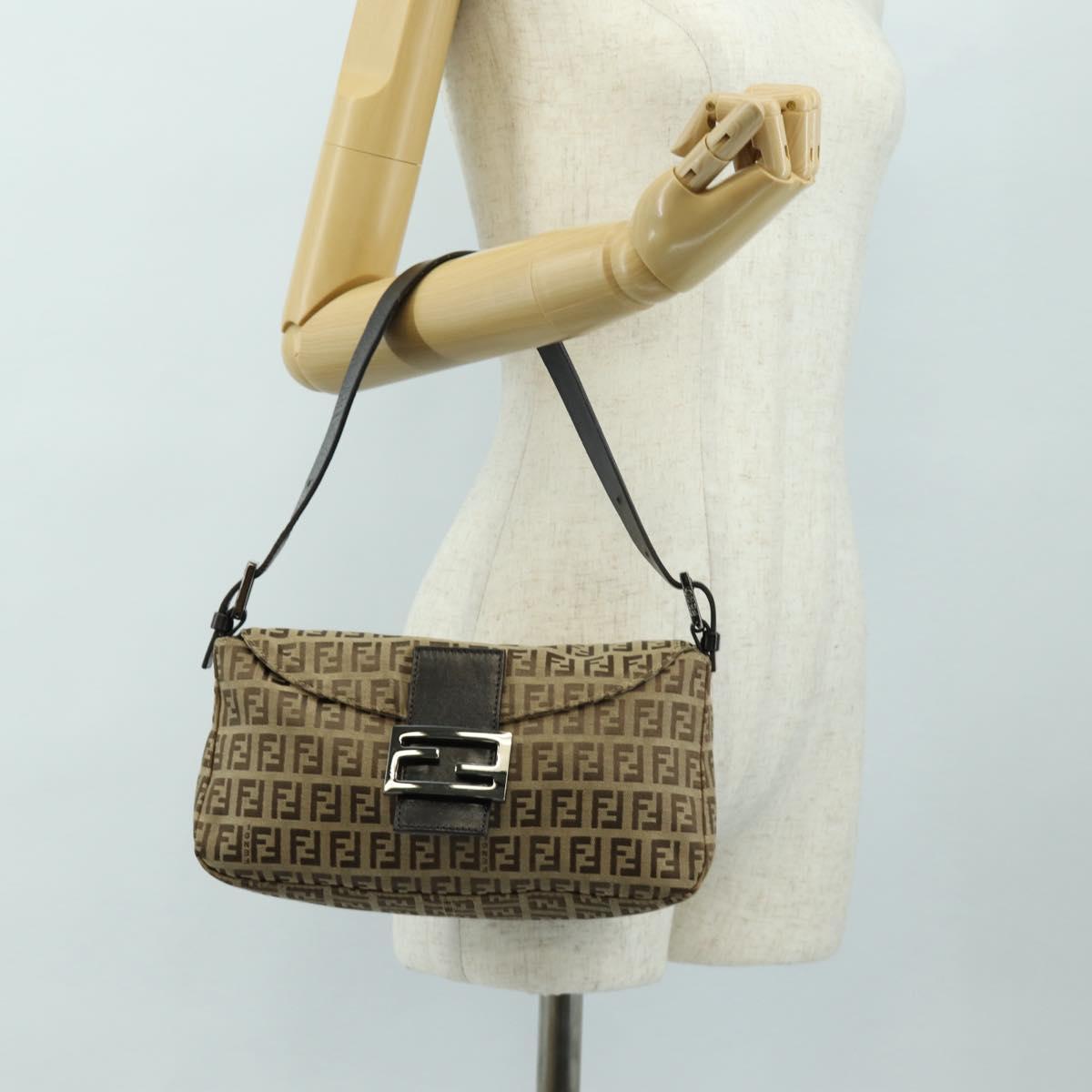 FENDI Zucchino Canvas Mamma Baguette Shoulder Bag Beige Silver Auth yk20536SAM