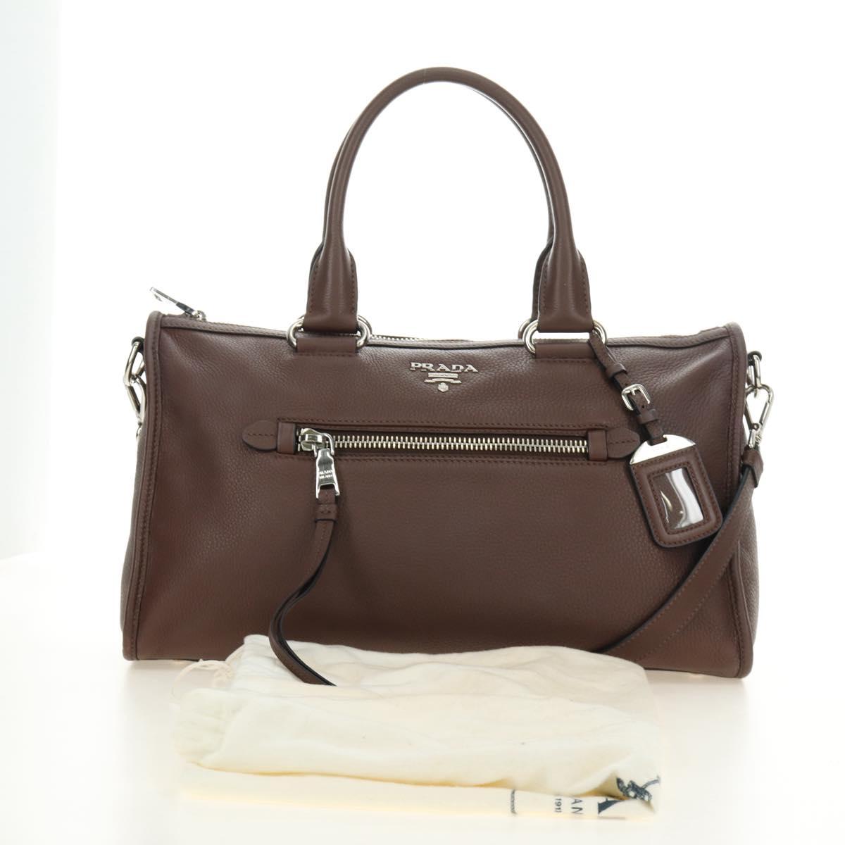 PRADA Hand Bag Leather 2way Brown Silver Auth yk20539SAM
