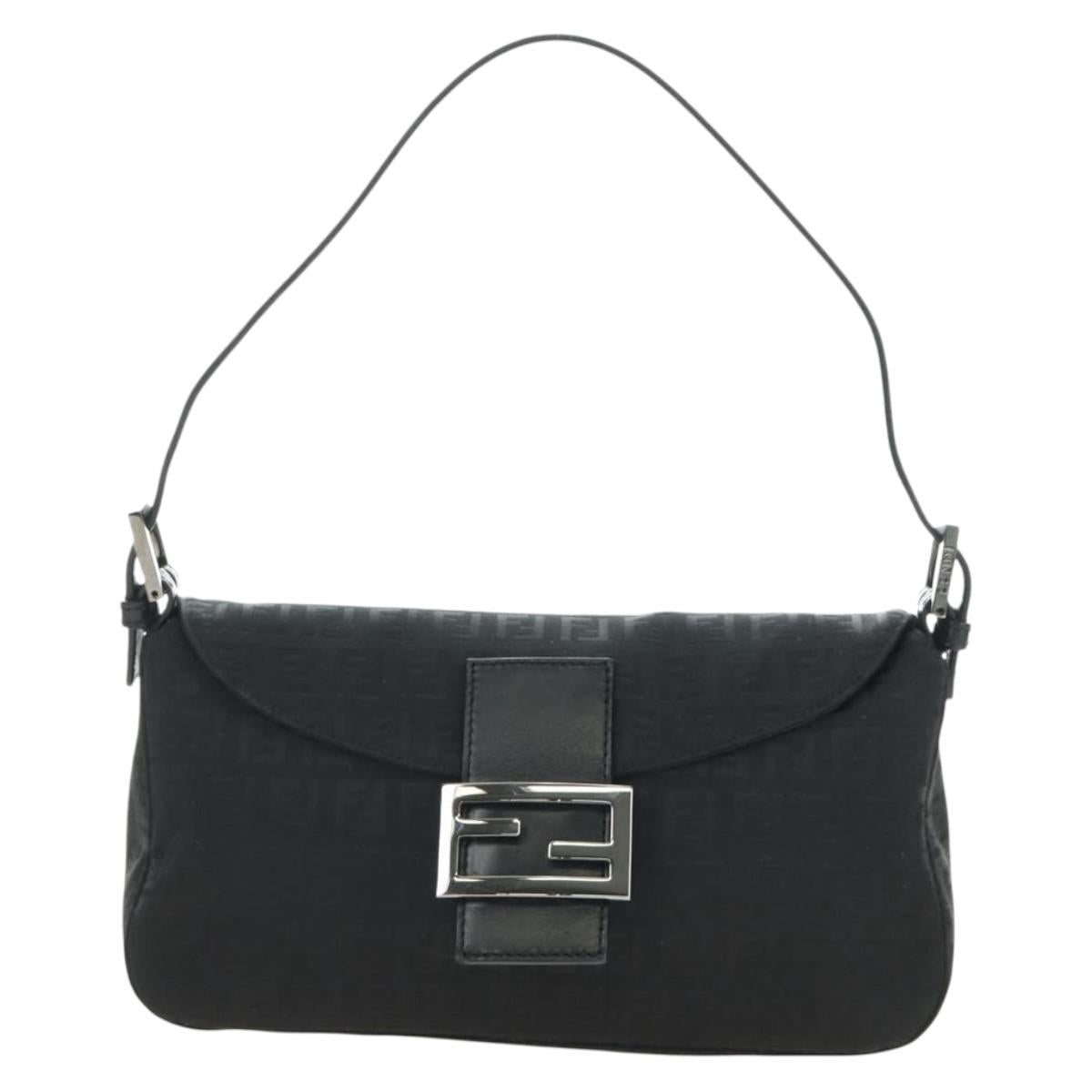 FENDI Zucchino Canvas Mamma Baguette Shoulder Bag Black Silver Auth yk20555SAM