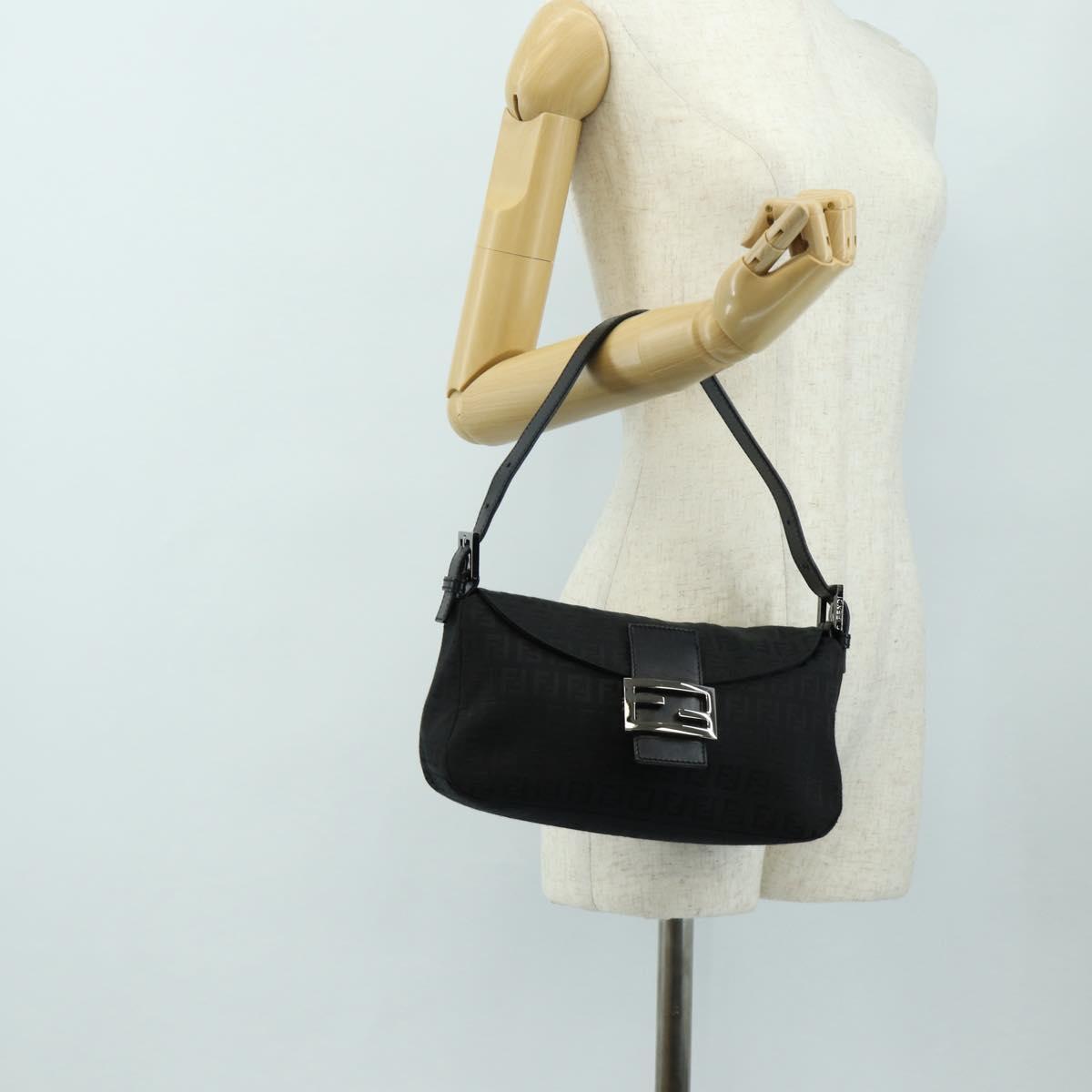FENDI Zucchino Canvas Mamma Baguette Shoulder Bag Black Silver Auth yk20555SAM