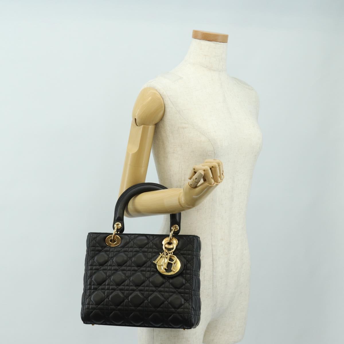 Christian Dior Canage Hand Bag Lamb Skin Black Gold Auth yk20569SAM