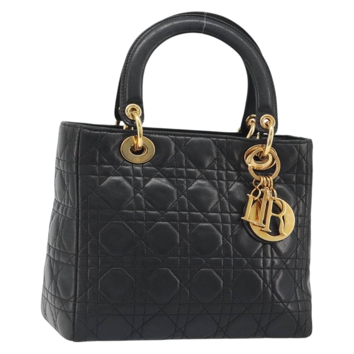 Christian Dior Canage Hand Bag Lamb Skin Black Gold Auth yk20574SAV
