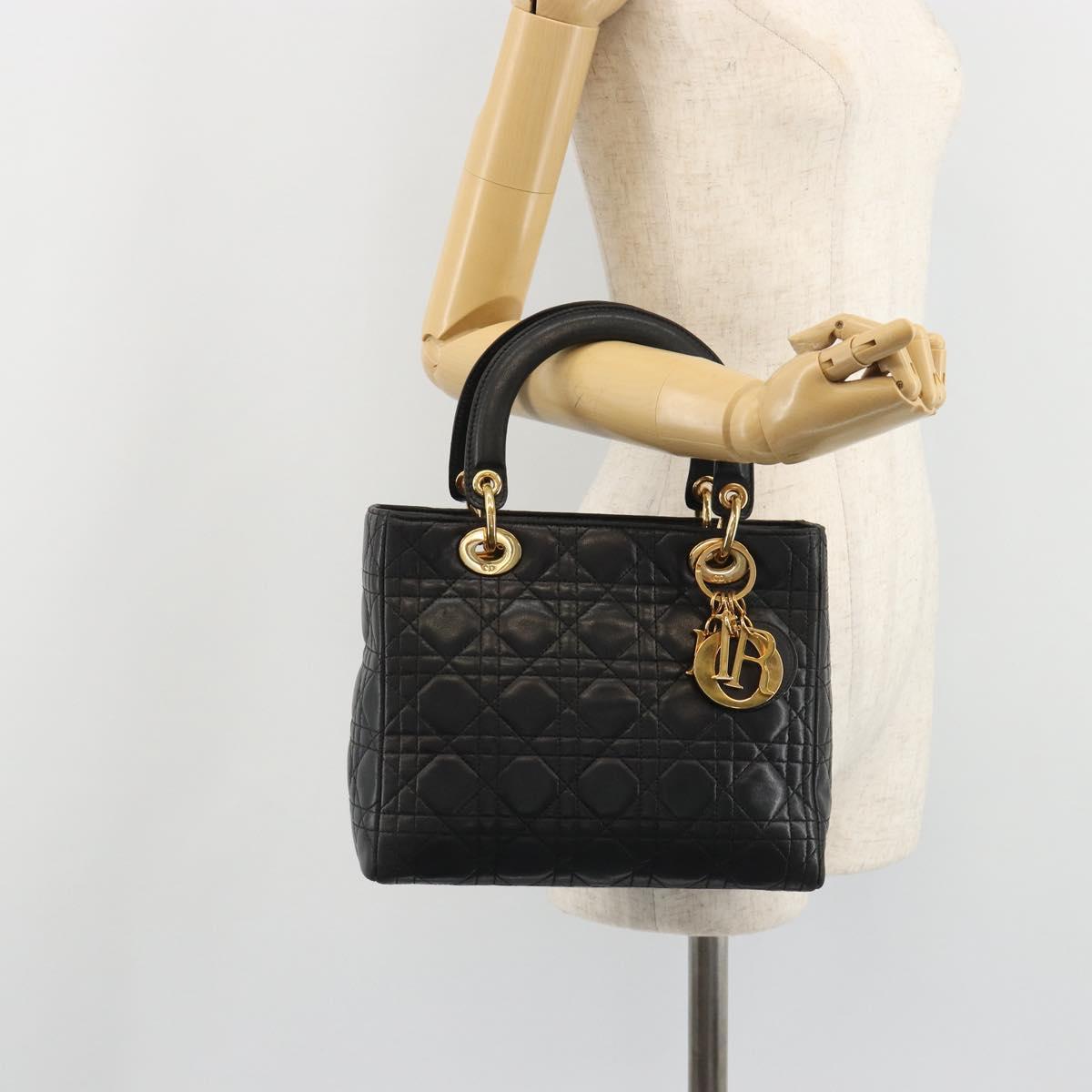 Christian Dior Canage Hand Bag Lamb Skin Black Gold Auth yk20574SAV
