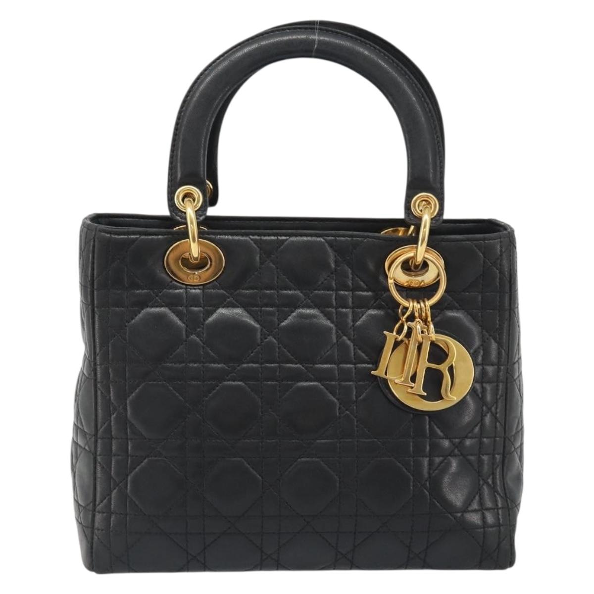 Christian Dior Canage Hand Bag Lamb Skin Black Gold Auth yk20574SAV