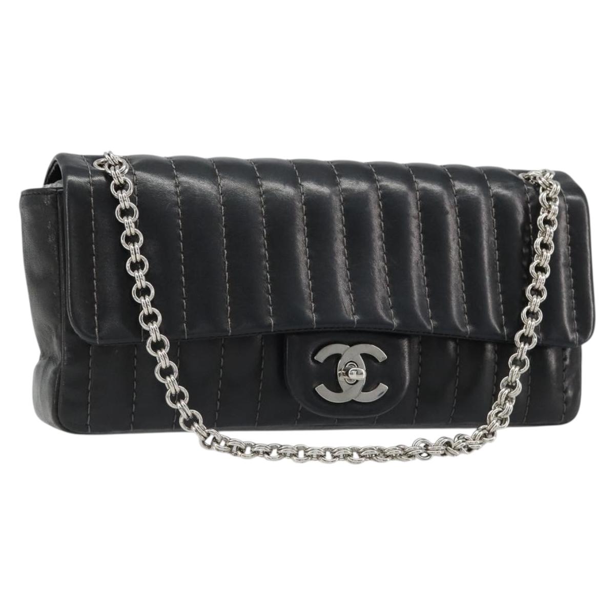 CHANEL Mademoiselle Chain Hand Bag Lamb Skin Black Silver CC Auth yk20577SAV