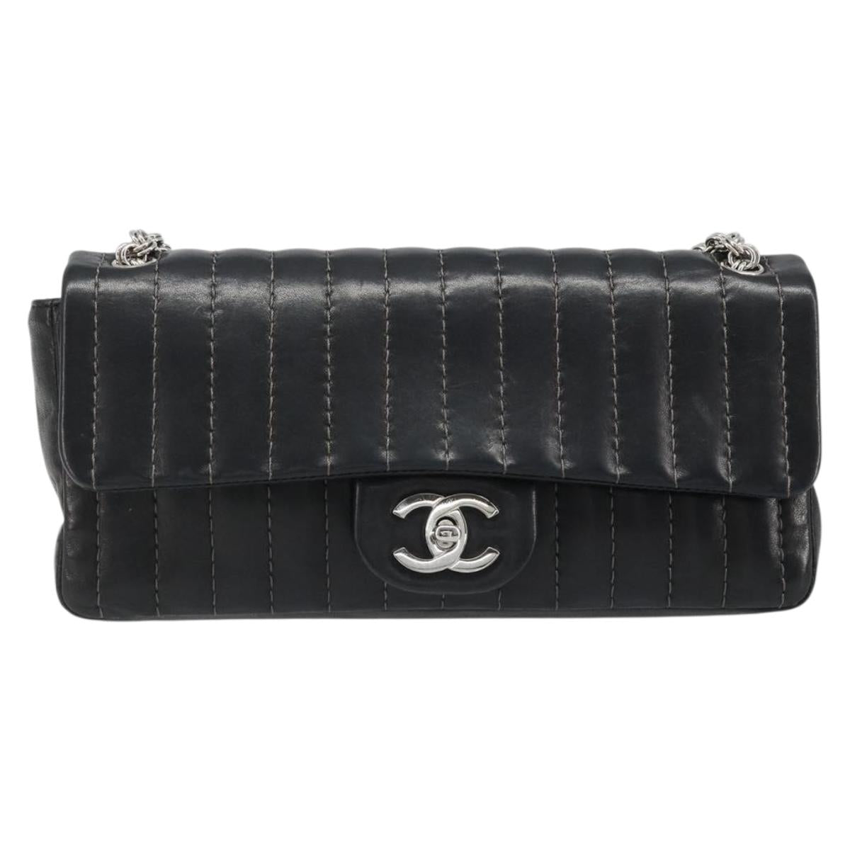 CHANEL Mademoiselle Chain Hand Bag Lamb Skin Black Silver CC Auth yk20577SAV