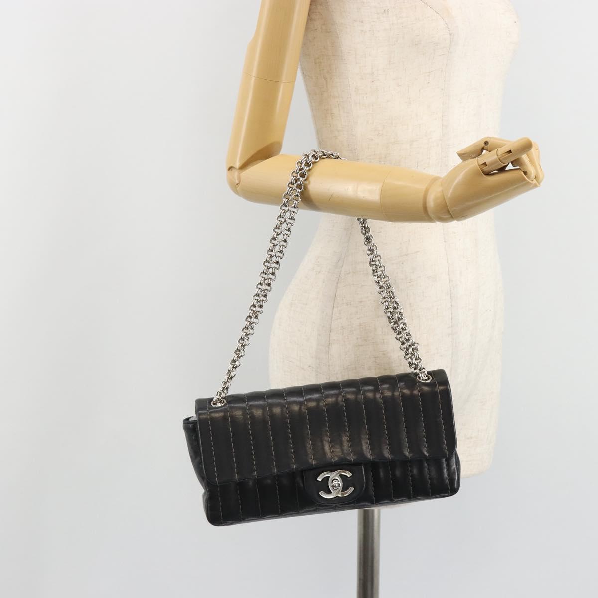 CHANEL Mademoiselle Chain Hand Bag Lamb Skin Black Silver CC Auth yk20577SAV
