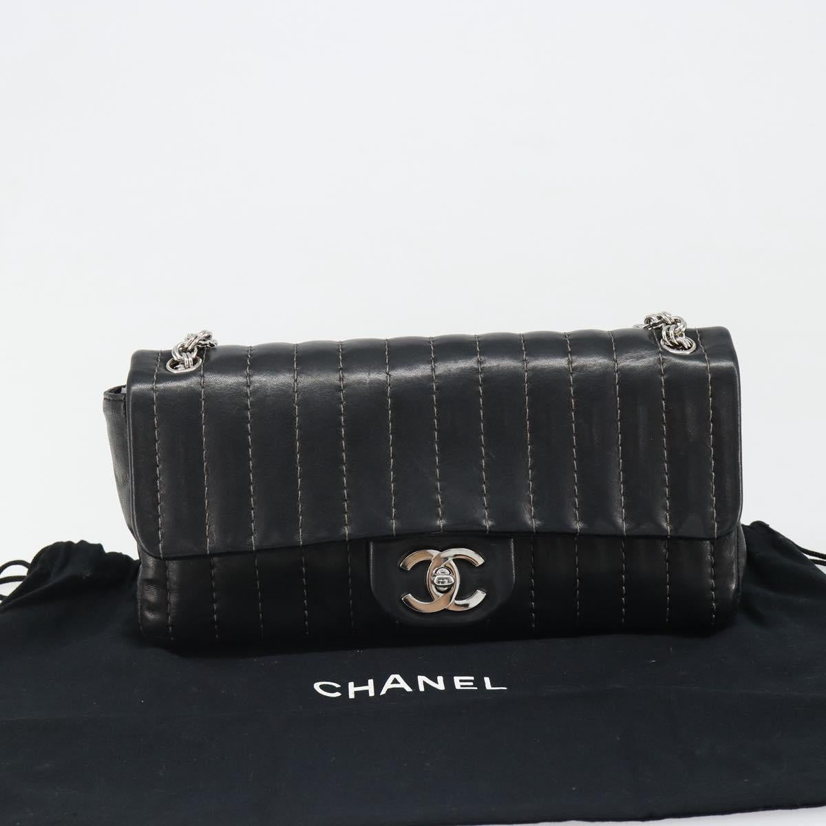 CHANEL Mademoiselle Chain Hand Bag Lamb Skin Black Silver CC Auth yk20577SAV