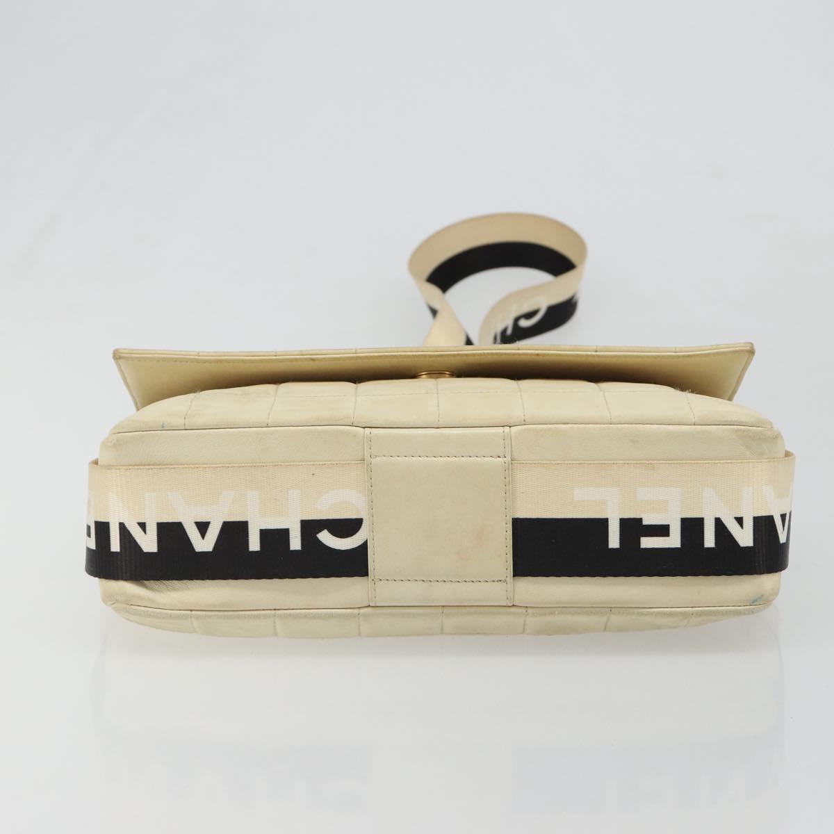 CHANEL Choco Bar Shoulder Bag Lamb Skin White Gold CC Auth yk20586