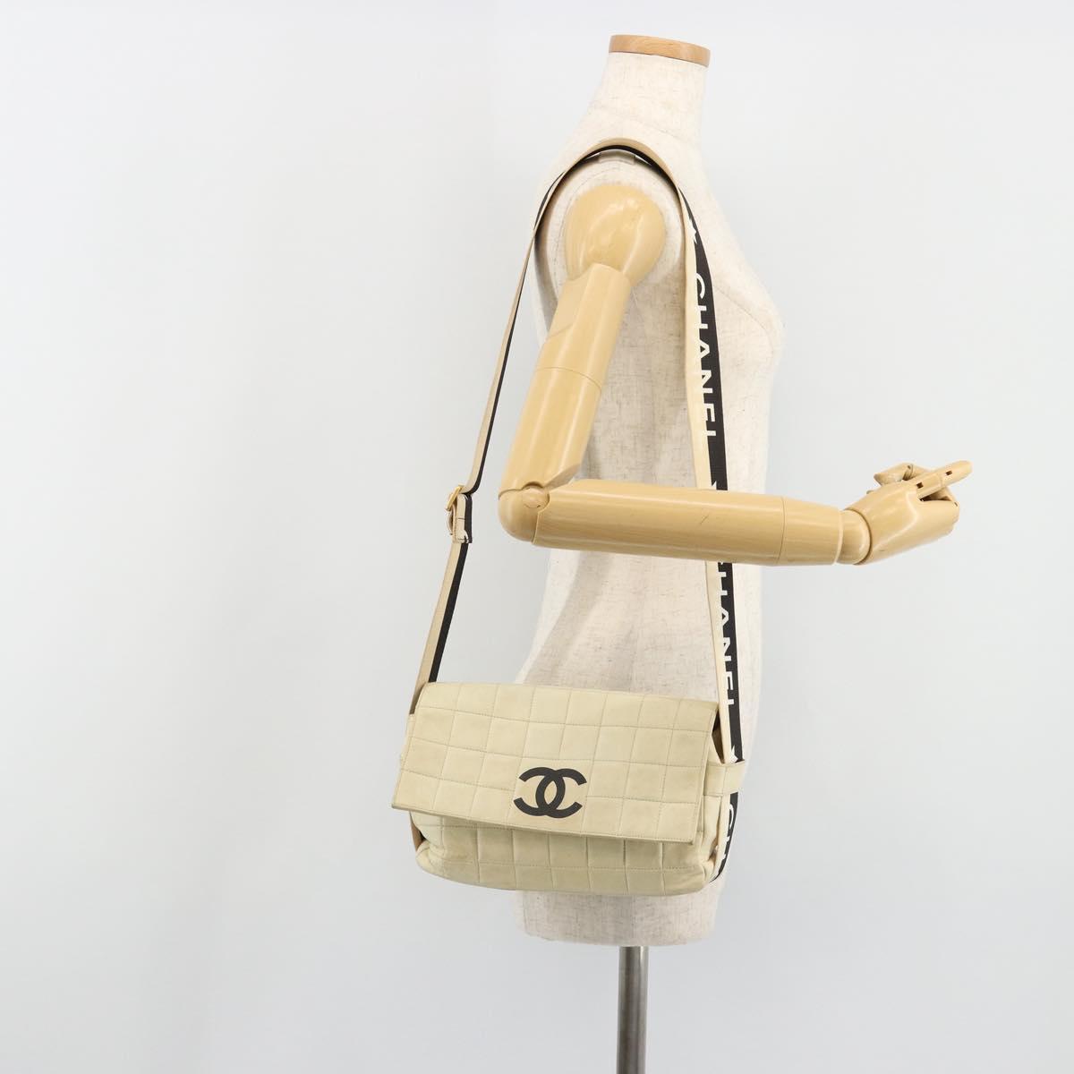 CHANEL Choco Bar Shoulder Bag Lamb Skin White Gold CC Auth yk20586
