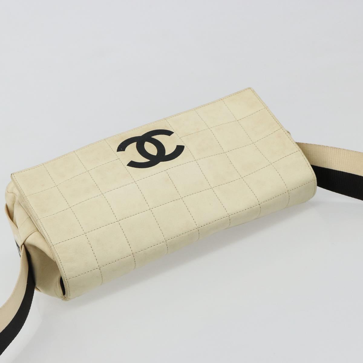 CHANEL Choco Bar Shoulder Bag Lamb Skin White Gold CC Auth yk20586