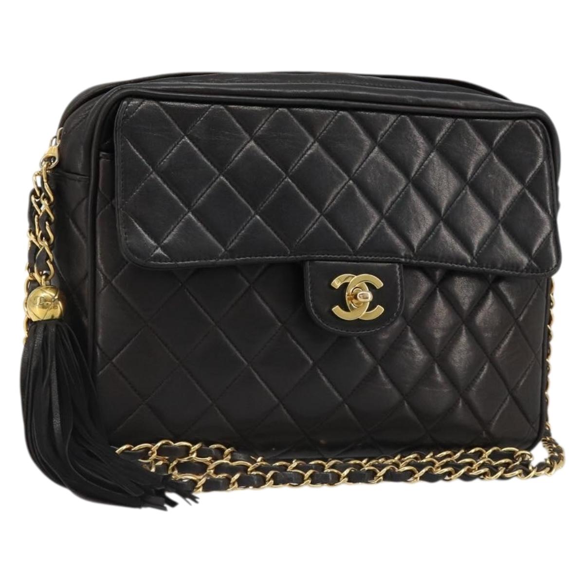 CHANEL Matelasse Chain Shoulder Bag Lamb Skin Black Gold CC Auth yk20591V