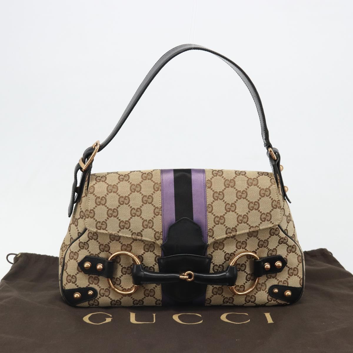 GUCCI GG Canvas Horsebit Sherry Line Bag Beige Gold 129500 Auth yk20593SAV