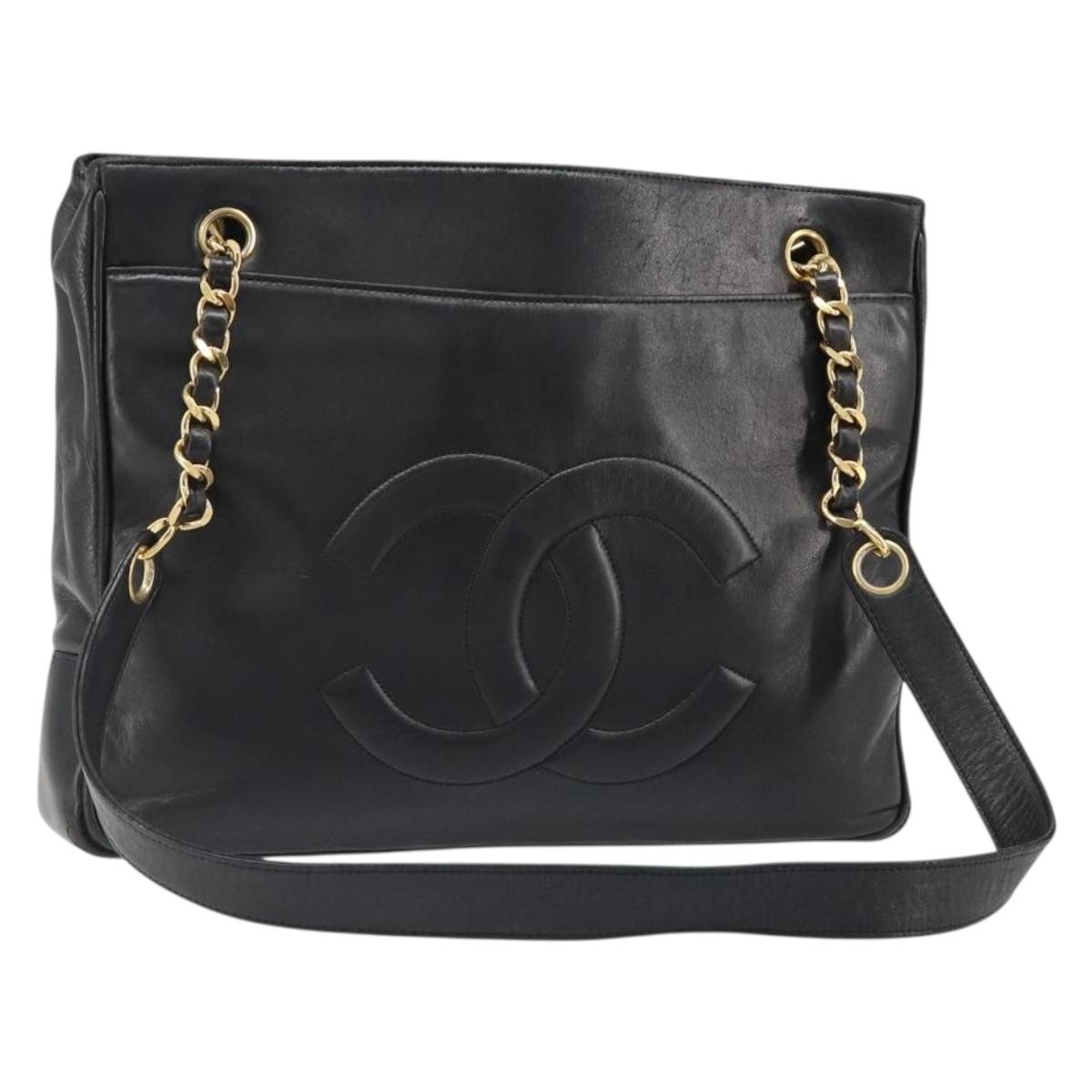 CHANEL COCO Mark Chain Tote Bag Leather Black Gold CC Auth yk20595