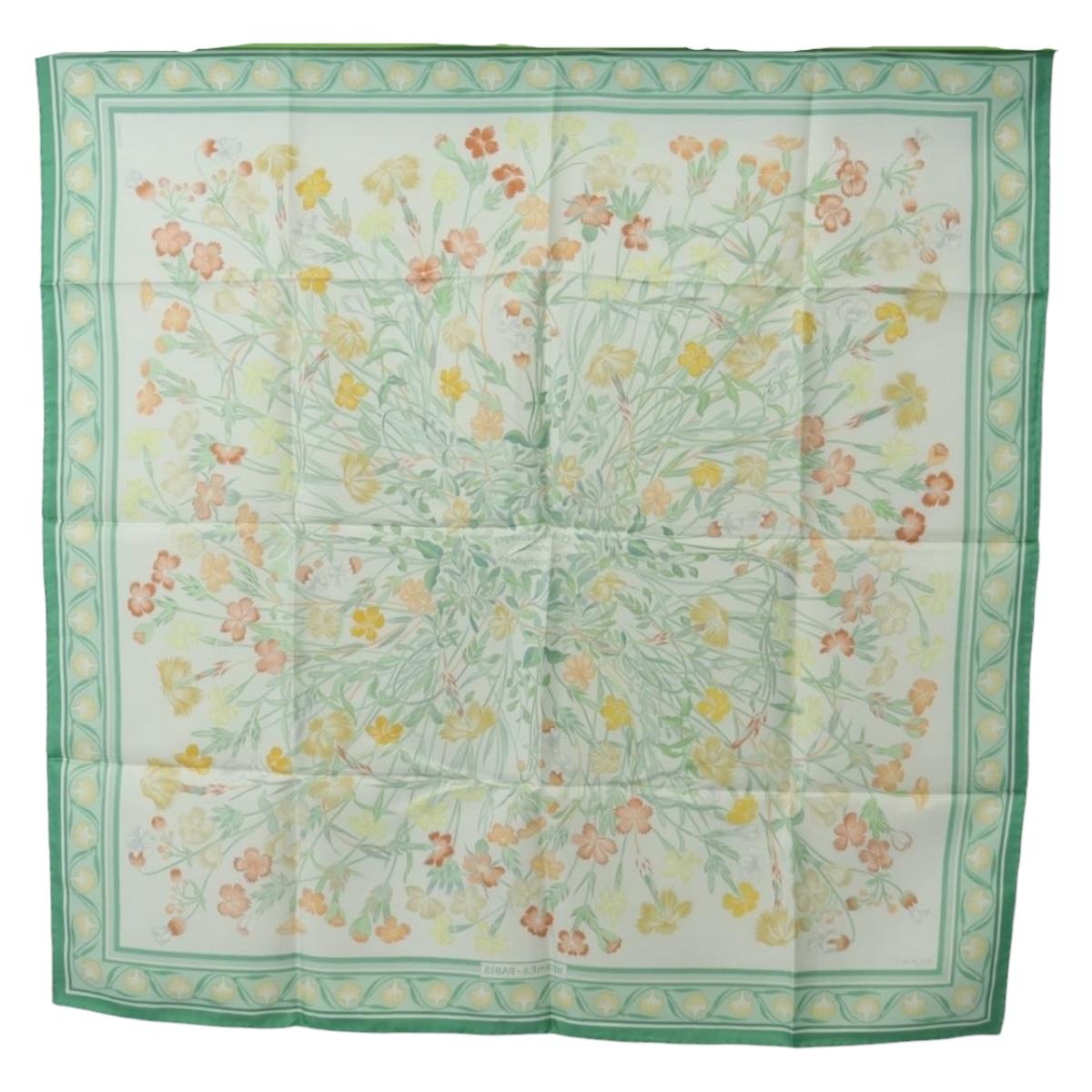 HERMES Carre 90 Scarf ""OEillets sauvages et autres"" Silk Green Auth yk20596M