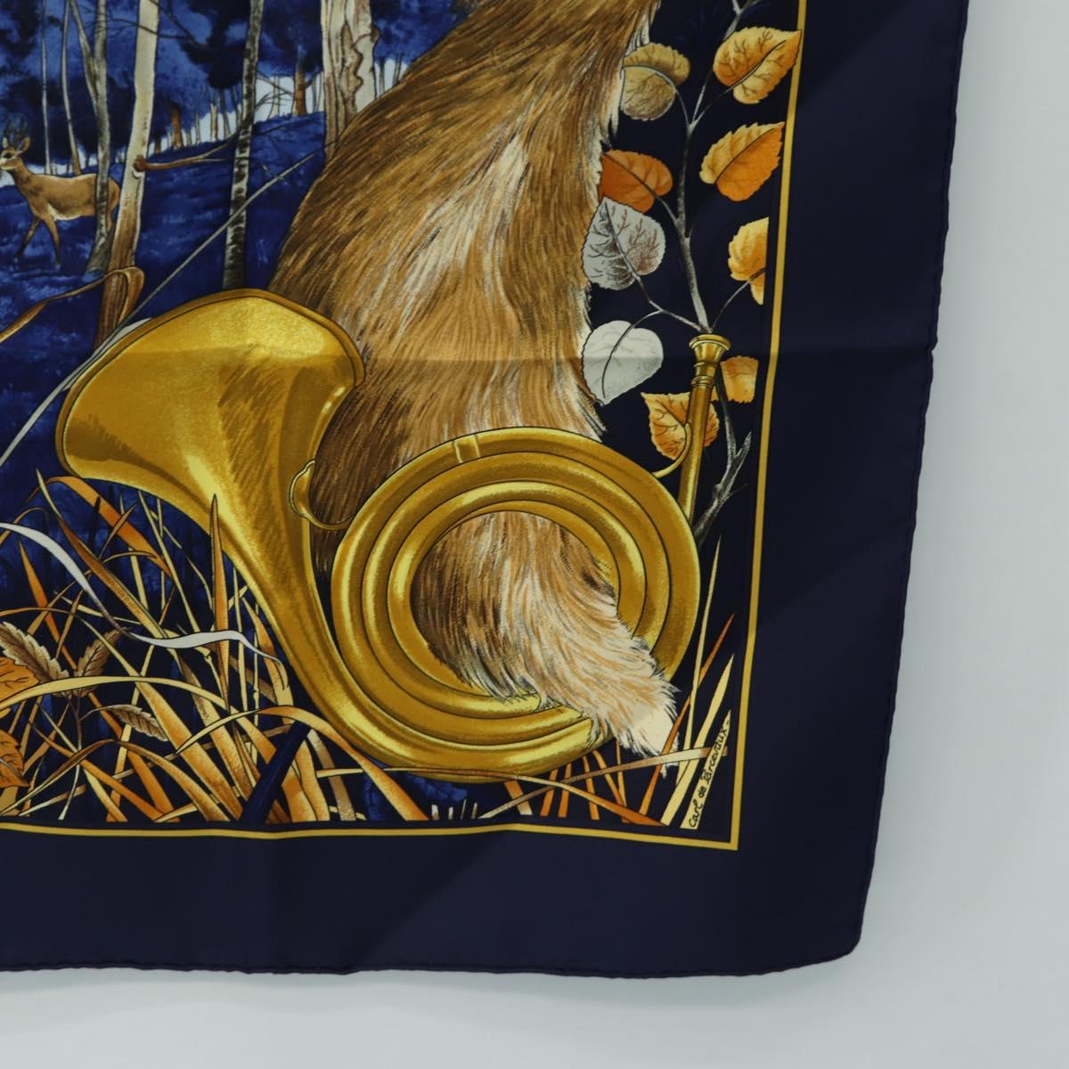 HERMES Carre 90 Scarf ""CHASSE au BOIS"" Silk Navy Auth yk20604M