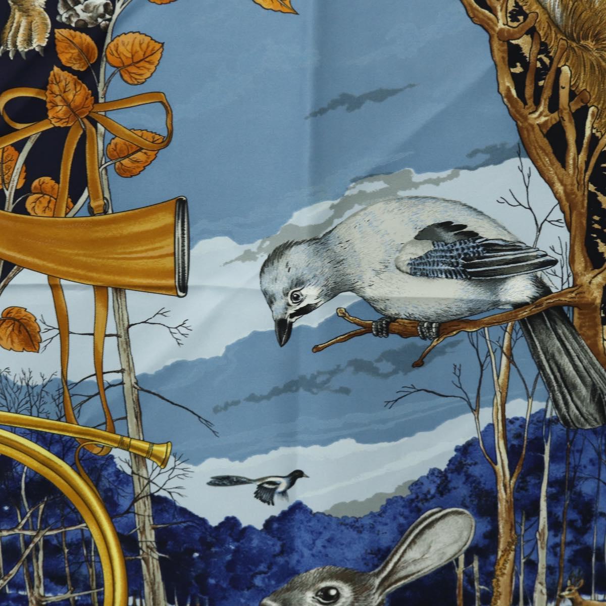 HERMES Carre 90 Scarf ""CHASSE au BOIS"" Silk Navy Auth yk20604M